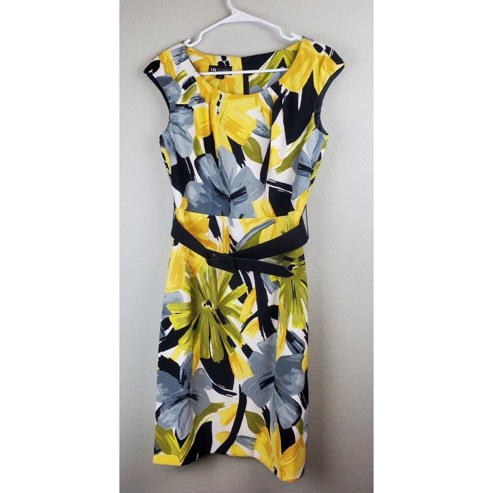 I.N. Studio Size 10P 10 Petite Floral Dress W/ Removable Belt Black Yellow Gray